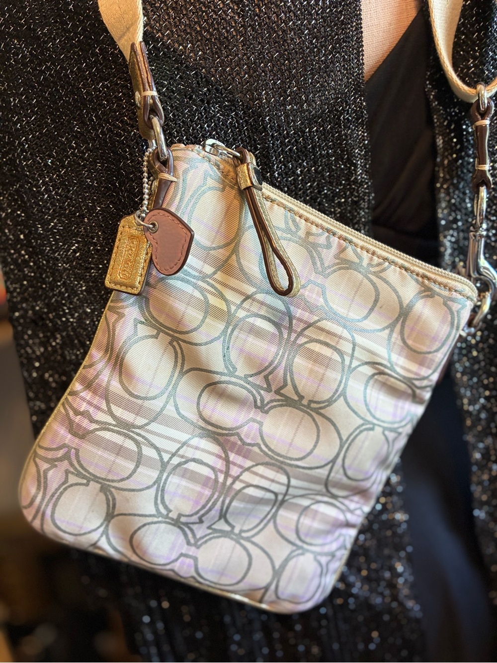 Coach Iridescent Pearl Signature Crossbody in Cream and Pink Sheen